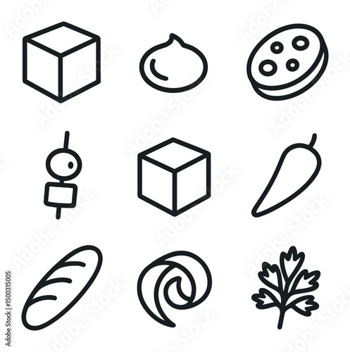 Tapas Icon Set. Outline icon set of tapas plating: patatas bravas cube, aioli dot, chorizo slice, olive skewer, manchego cube,
