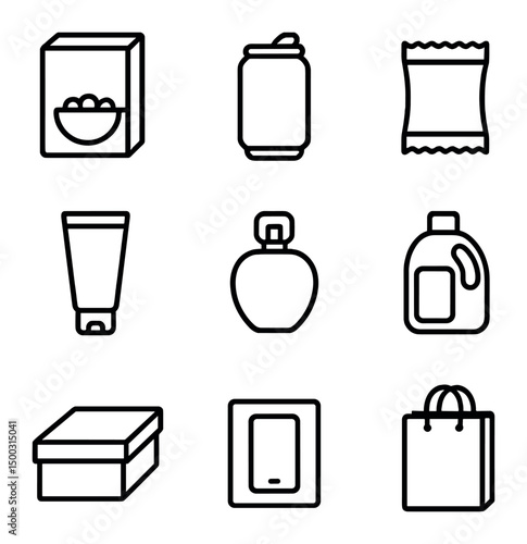 Packaging Icon Set. Outline icon set of packaging design color clashes: cereal box, soda can, snack wrapper, cosmetic tube,