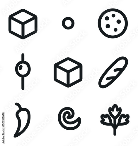 Tapas Icon Set. Outline icon set of tapas plating: patatas bravas cube, aioli dot, chorizo slice, olive skewer, manchego cube,