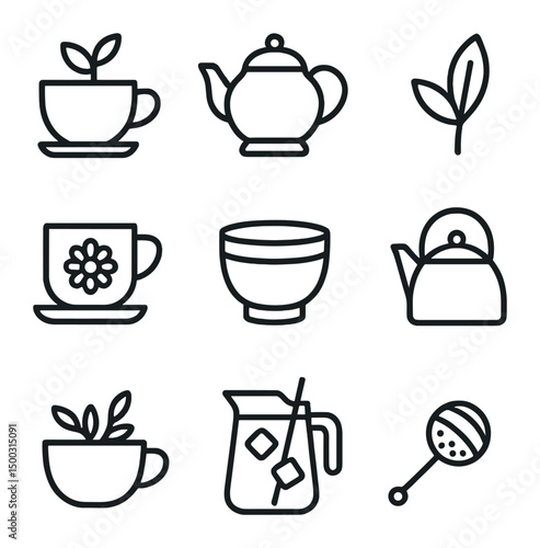 Tea Variety Icons. Outline icon set of tea varieties: green tea cup, black tea pot, oolong leaf, chamomile teacup, matcha bowl,