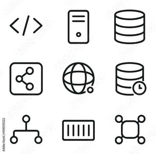 Tech Stack Icons. Outline icon set of tech stack components: frontend framework, backend server, database, API gateway, CDN node,