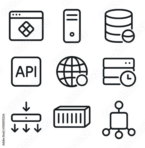 Tech Stack Icons. Outline icon set of tech stack components: frontend framework, backend server, database, API gateway, CDN node,