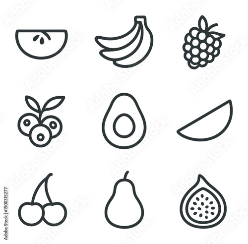 Paleo Fruit Icons. Outline icon set of paleo fruits and berries: apple slice, banana bunch, raspberry cluster, blueberry sprig,