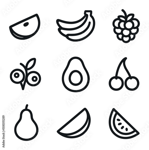 Paleo Fruit Icons. Outline icon set of paleo fruits and berries: apple slice, banana bunch, raspberry cluster, blueberry sprig,
