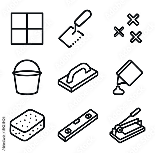 Tile Installation Tools Icons. Outline icon set of tile and grout installation: tile, trowel, spacers, bucket, grout float, grout,