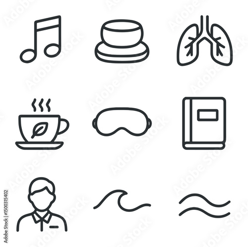 Therapeutic Icons Set. Outline icon set of therapeutic interventions: relaxation music note, meditation cushion, breathing lungs,
