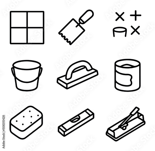 Tile Installation Tools Icons. Outline icon set of tile and grout installation: tile, trowel, spacers, bucket, grout float, grout,