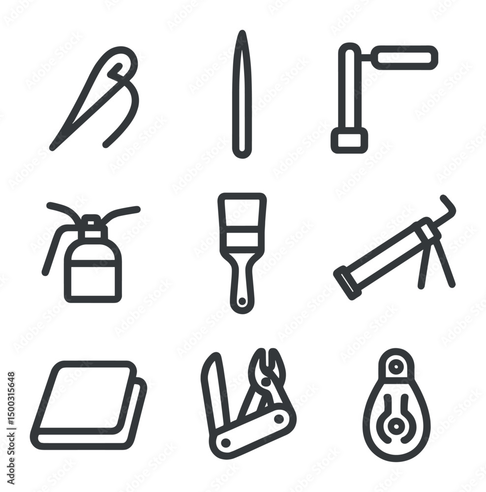 Tool Icon Set. Outline icon set of maintenance and repair tools: sail repair needle, splicing fid, winch handle, oil can, brush, Tool Icon Set. Outline icon set of maintenance and repair tools: sail repair needle, splicing fid, winch handle, oil can, brush,