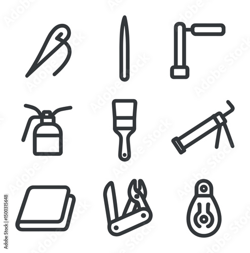 Tool Icon Set. Outline icon set of maintenance and repair tools: sail repair needle, splicing fid, winch handle, oil can, brush,