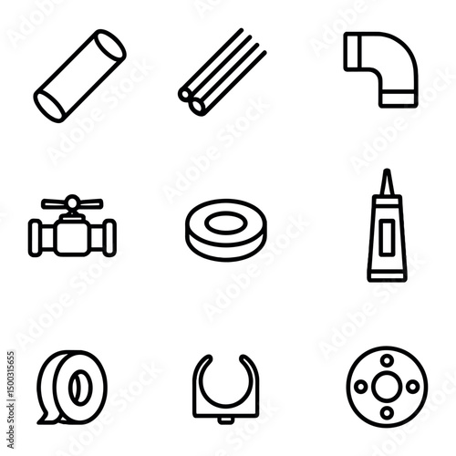 Plumbing Materials Icons. Outline icon set of material cost breakdown: PVC pipe, copper tubing, elbow fitting, ball valve, gasket