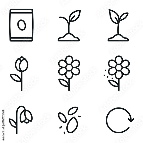 Time-Lapse Bloom Icons. Outline icon set of time-lapse bloom cycle: seed packet, sprout shoot, leaf unfurl, bud formation, full