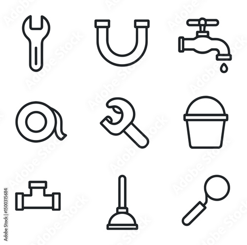 Plumbing Repair Icons. Outline icon set of minor plumbing repairs: wrench, pipe, faucet, plumber’s tape, pipe cutter, bucket,