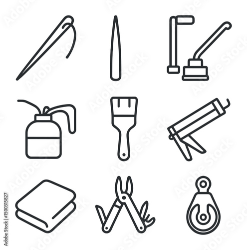 Tool Icon Set. Outline icon set of maintenance and repair tools: sail repair needle, splicing fid, winch handle, oil can, brush,