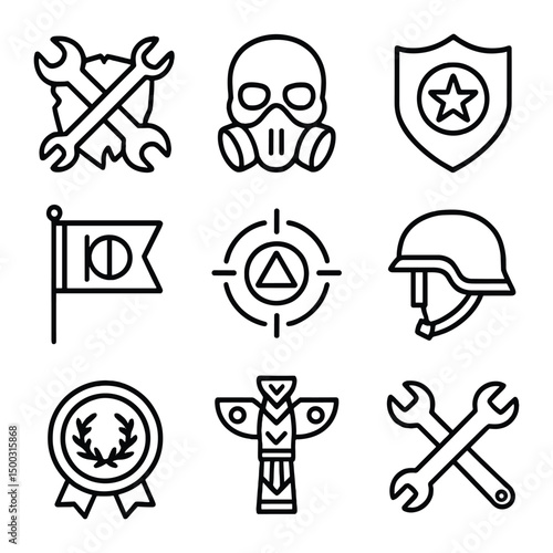 Post-Apocalyptic Faction Icons. Outline icon set of post-apocalyptic factions: scavenger clan emblem, raider skull mask,