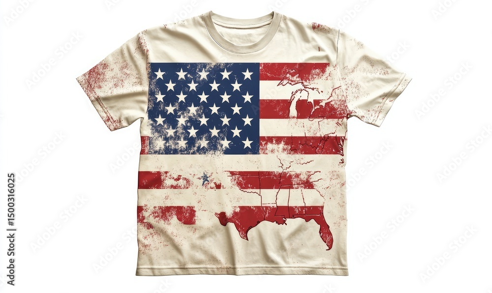 Fototapeta premium Minimalist t-shirt design with American flag and USA map for Independence Day on white background. AI generated illustration.
