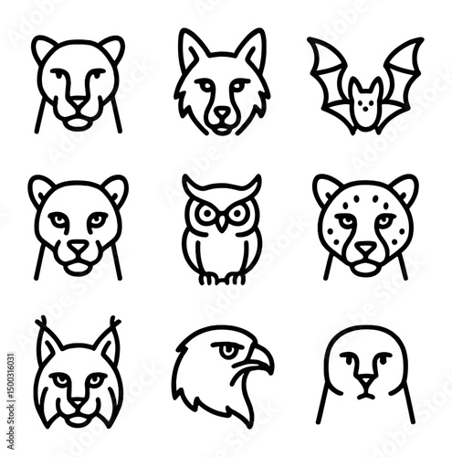 Twilight Predator Icons. Outline icon set of twilight predators: Shadow Panther, Dusk Wolf, Nightstalker Bat, Moonlight Jaguar,