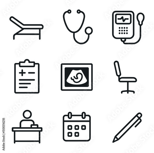 Prenatal Consultation Icons. Outline icon set of panoramic window treatments: sheer curtain, blackout blind, motorized track,