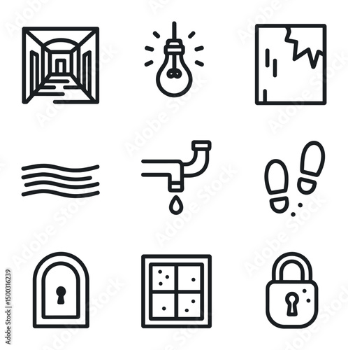 Unsettling Icon Set. Outline icon set of unsettling environments: abandoned corridor, flickering light bulb, peeling wallpaper,