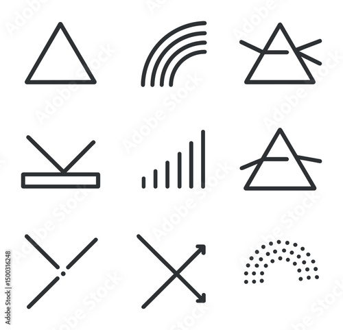 Prism Refraction Icons. Outline icon set of prism refractions: triangular prism, rainbow beam, split light, reflective surface,