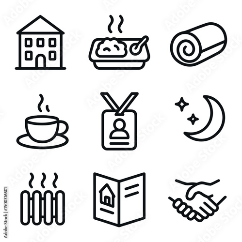 Urban Homelessness Icon Set. Outline icon set of urban homelessness support: shelter building, hot meal tray, blanket roll, coffee