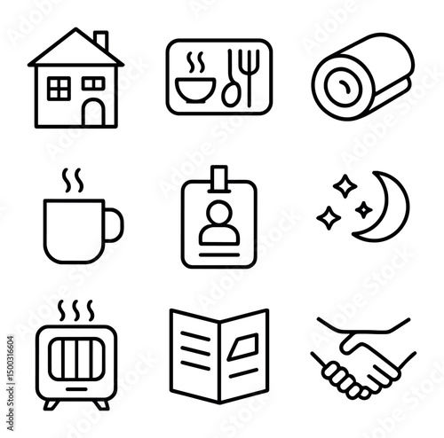 Urban Homelessness Icon Set. Outline icon set of urban homelessness support: shelter building, hot meal tray, blanket roll, coffee