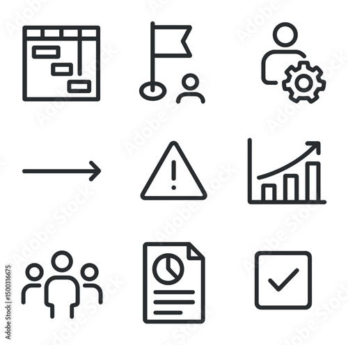 Project and Rowing Icons. Outline icon set of project management tasks: gantt chart, milestone flag, resource icon, timeline arrow