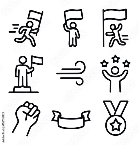 Victory Flag Icons. Outline icon set of victory flag bearers: runner holding flag, waving flag, finish line, podium edge, wind