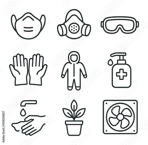 Protective Gear Icons. Outline icon set of protective gear and practices: N95 mask, respirator mask, safety goggles, protective