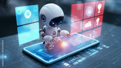 Wallpaper Mural Adorable white futuristic robot sitting on a glowing smartphone, engaging with floating digital icons and cyber data in a high-tech environment. Torontodigital.ca