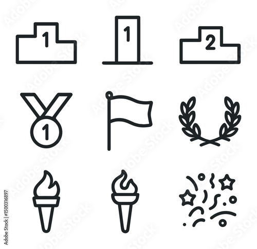 Victory Icons Set. Outline icon set of winners podium and medals: podium stage, first-place pedestal, second-place step,
