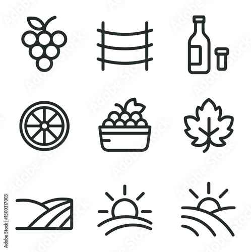 Vineyard Bike Icons. Outline icon set of vineyard bike excursion: grape cluster, vine trellis, wine bottle, cork stopper, bike