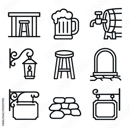 Vintage Tavern Icons. Outline icon set of vintage tavern beer mug scene: wooden bar counter, beer mug, barrel tap, candle lantern,