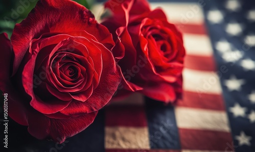 US flag with roses for Memorial Day and Veterans Day. AI generated illustration.
