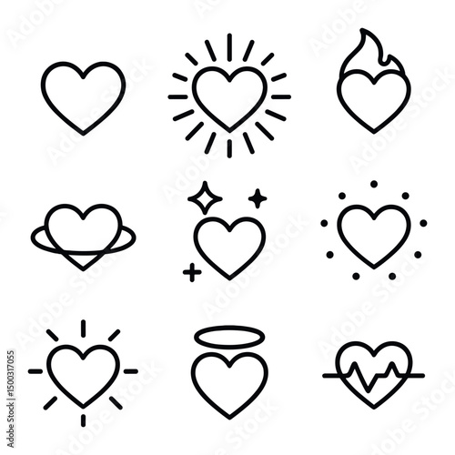 Radiant Heart Icons. Outline icon set of heart surrounded by rays and flame: heart outline, sunburst rays, flame stream, aura ring