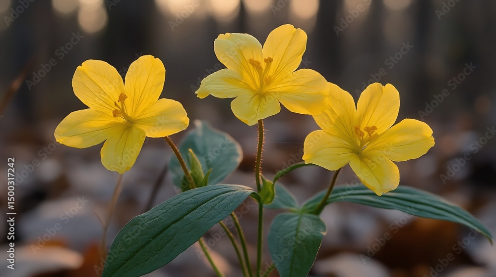 Obraz premium Evening Primrose Oenothera biennis glowing golden hour light at the edge of a forest delicate yellow flowers catching the last rays of the sun tranquil wild nature
