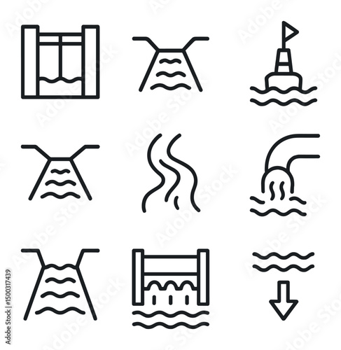 Waterway Channel Icons. Outline icon set of waterway channels: canal lock, irrigation ditch, shipping channel buoy, drainage