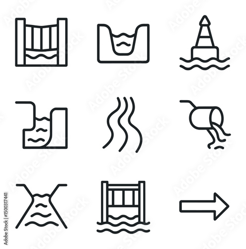 Waterway Channel Icons. Outline icon set of waterway channels: canal lock, irrigation ditch, shipping channel buoy, drainage