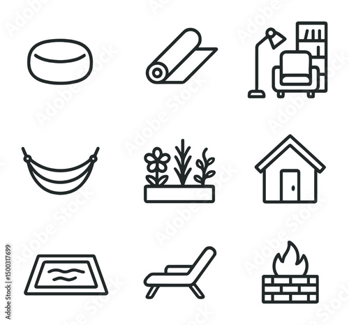 Wellbeing Zone Icons. Outline icon set of wellbeing zones: meditation cushion, yoga mat, reading nook, hammock, sensory garden,
