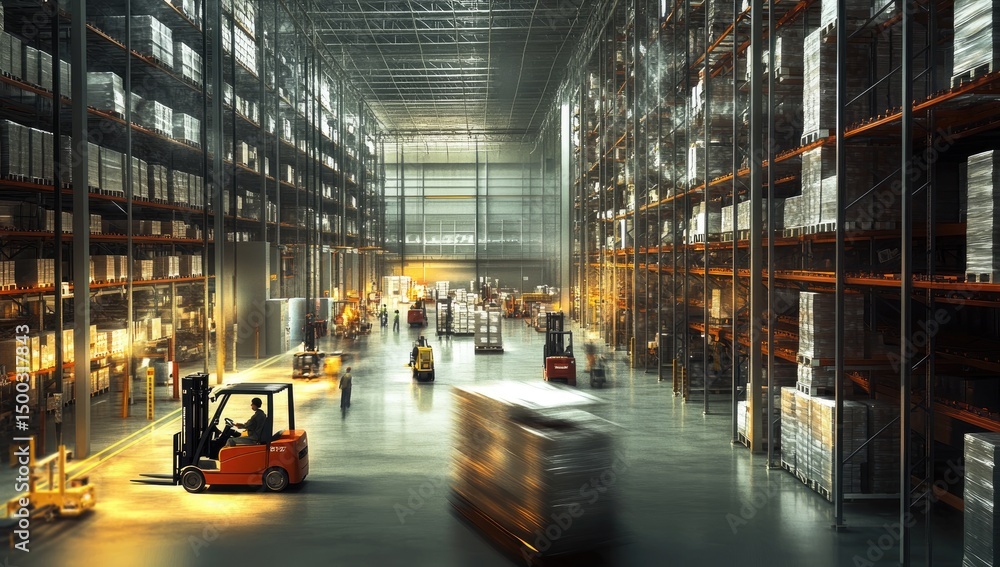 Warehouse interior, filled with stacked shelves, busy with forklift activity Warehouse interior, filled with stacked shelves, busy with forklift activity