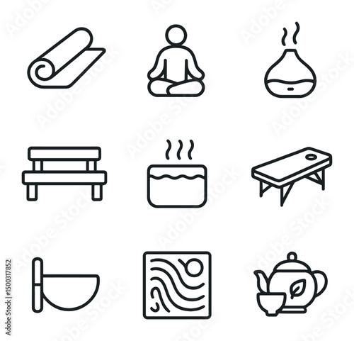 Wellness Icon Set. Outline icon set of wellness and relaxation: yoga mat, meditation cushion, aromatherapy diffuser, sauna bench,