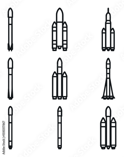 Rocket Icon Grid. Outline icon set of rockets and launch vehicles: Falcon 9, Ariane 5, Space Launch System, Atlas V, Delta IV