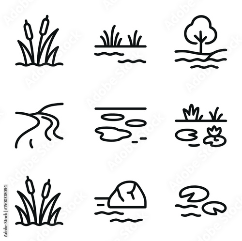 Wetland Habitat Icons. Outline icon set of wetland & shoreline habitats: reed bed, marsh, lakeshore, riverbank, mudflat, pond,