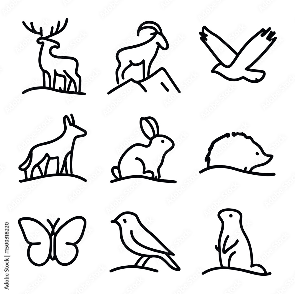Wildlife Outline Icons. Outline icon set of wildlife on hills: deer silhouette, mountain goat, eagle in flight, fox, rabbit, Wildlife Outline Icons. Outline icon set of wildlife on hills: deer silhouette, mountain goat, eagle in flight, fox, rabbit,