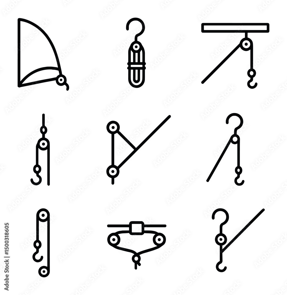 Obraz premium Sailing Rigging Icons. Outline icon set of sailing rigging: staysail sheet, halyard, outhaul line, downhaul, vang line, topping