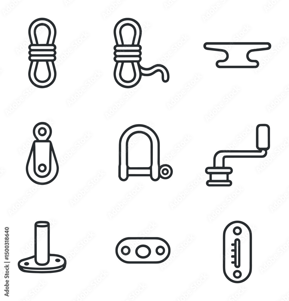 Sailing Rigging Icons. Outline icon set of detailed sail rigging: halyard rope, sheet line, cleat, block pulley, shackle, winch Sailing Rigging Icons. Outline icon set of detailed sail rigging: halyard rope, sheet line, cleat, block pulley, shackle, winch