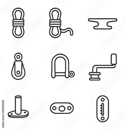 Sailing Rigging Icons. Outline icon set of detailed sail rigging: halyard rope, sheet line, cleat, block pulley, shackle, winch