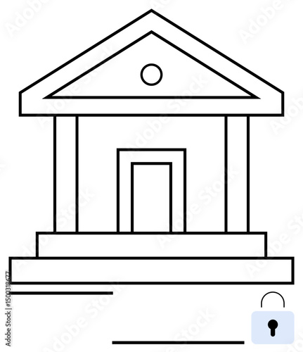 Bank building with triangular pediment, pillars, and secure lock icon conveying financial safety. Ideal for banking, finance, security, trust, savings, legal resources and simple landing page