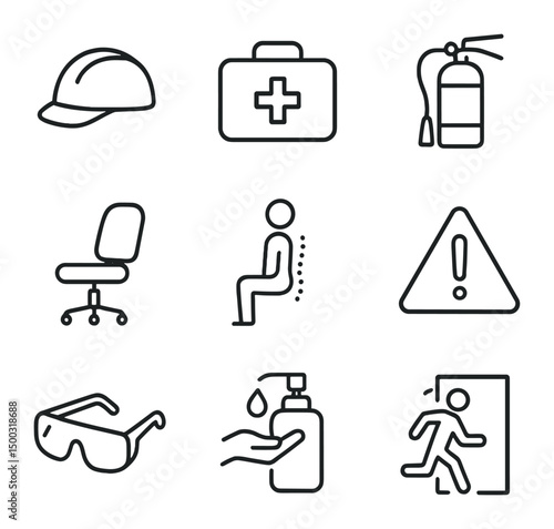 Workplace Safety Icons. Outline icon set of workplace safety & ergonomics: safety helmet, first aid kit, fire extinguisher,