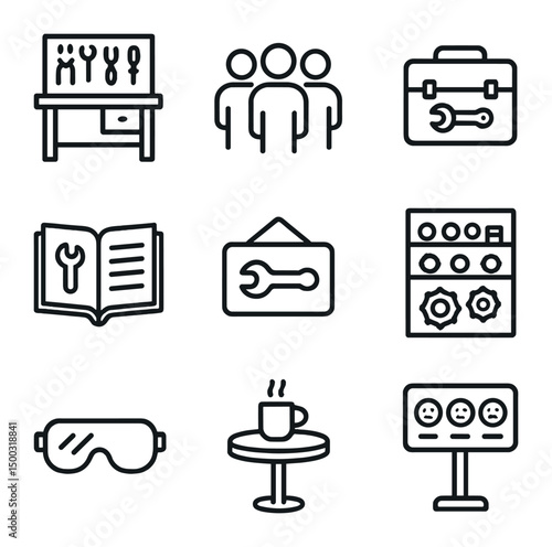 Workshop Icons Grid. Outline icon set of community repair workshops: workbench, group of riders, toolbox, instruction manual,