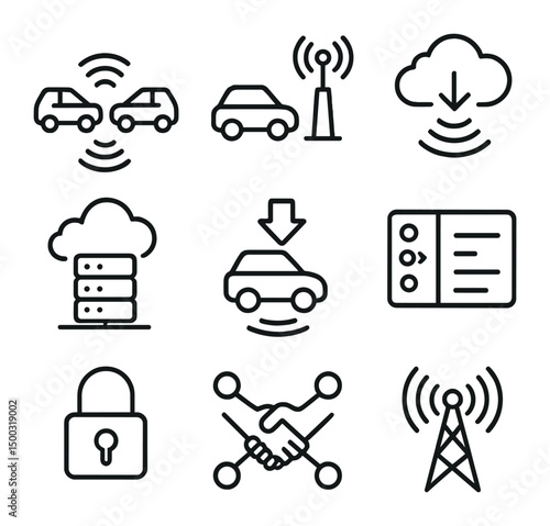 V2X Communication Icons. Outline icon set of vehicle-to-everything communication: V2V signal, V2I beacon, cloud link, edge server,